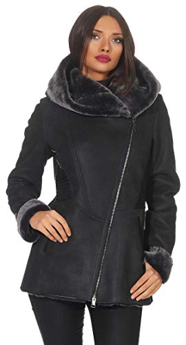 Hollert Damen Lammfelljacke Lena Winterjacke aus Merino Schaffell Echtleder mit Kapuze Größe XL, Farbe Dunkelgrau von Hollert