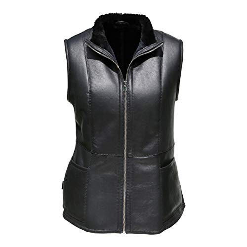 Hollert Damen Lammfellweste Emma Fellweste Lederweste echtes Merino Schaffell Lammnappa Outdoor Winter kuschelig-warm Reiterweste in Schwarz und Braun Größe M, Farbe Schwarz von Hollert
