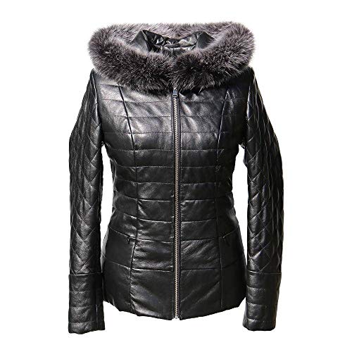 Hollert Damen Lederjacke BRYDA wattierte Echtleder Jacke abnehmbare Kapuze mit echtem Fuchs Größe XL, Farbe Schwarz von Hollert