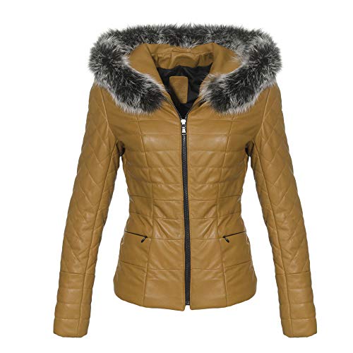 Hollert Damen Lederjacke BRYDA wattierte Echtleder Jacke abnehmbare Kapuze mit echtem Fuchs Größe XL, Farbe Senf von Hollert