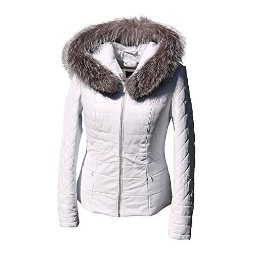 Hollert Damen Lederjacke BRYDA wattierte Echtleder Jacke abnehmbare Kapuze mit echtem Fuchs Größe XL, Farbe Weiß von Hollert