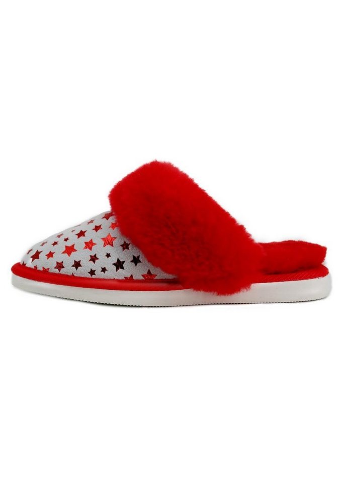 Hollert Hausschuh Damen Lammfell Hausschuhe Laura Rot/Weiß Merino Schaffell Echtleder von Hollert