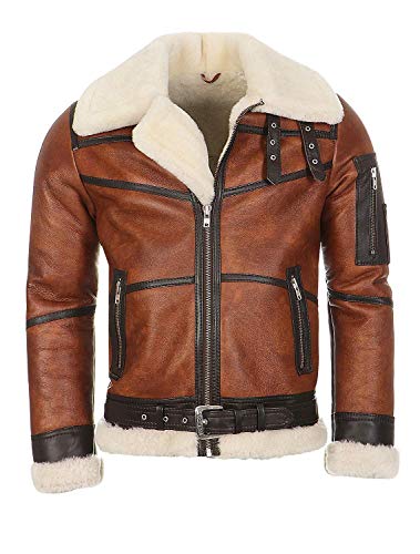 Hollert Herren Bomberjacke B16 Rocky Sylvester Style Winterjacke 100% Merino Felljacke Lederjacke Fliegerjacke Größe 4XL, Farbe Model 6 - Kastanie/Creme von Hollert