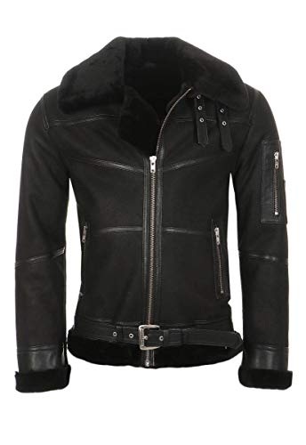 Hollert Herren Bomberjacke B16 Rocky Sylvester Style Winterjacke 100% Merino Felljacke Lederjacke Fliegerjacke Größe L, Farbe Model 7 - Schwarz von Hollert