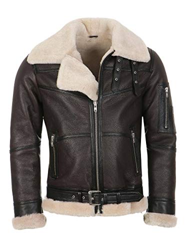 Hollert Herren Bomberjacke B16 Rocky Sylvester Style Winterjacke 100% Merino Felljacke Lederjacke Fliegerjacke Größe M, Farbe Model 1 - Espresso/Weiß von Hollert