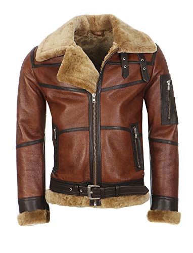 Hollert Herren Bomberjacke B16 Rocky Sylvester Style Winterjacke 100% Merino Felljacke Lederjacke Fliegerjacke Größe M, Farbe Model 5 - Kastanie/Cappuccino von Hollert