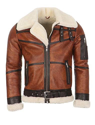 Hollert Herren Bomberjacke B16 Rocky Sylvester Style Winterjacke 100% Merino Felljacke Lederjacke Fliegerjacke Größe M, Farbe Model 6 - Kastanie/Creme von Hollert