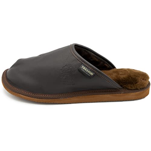 Hollert Herren Lammfell Hausschuhe LUITPOLD Pantoffeln echt Merino Schaffell Echtleder warm und bequem Größe 46 EU, Farbe Braun von Hollert