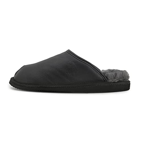 Hollert Herren Lammfell Hausschuhe LUITPOLD Pantoffeln echt Merino Schaffell Echtleder warm und bequem Größe 46 EU, Farbe Schwarz von Hollert
