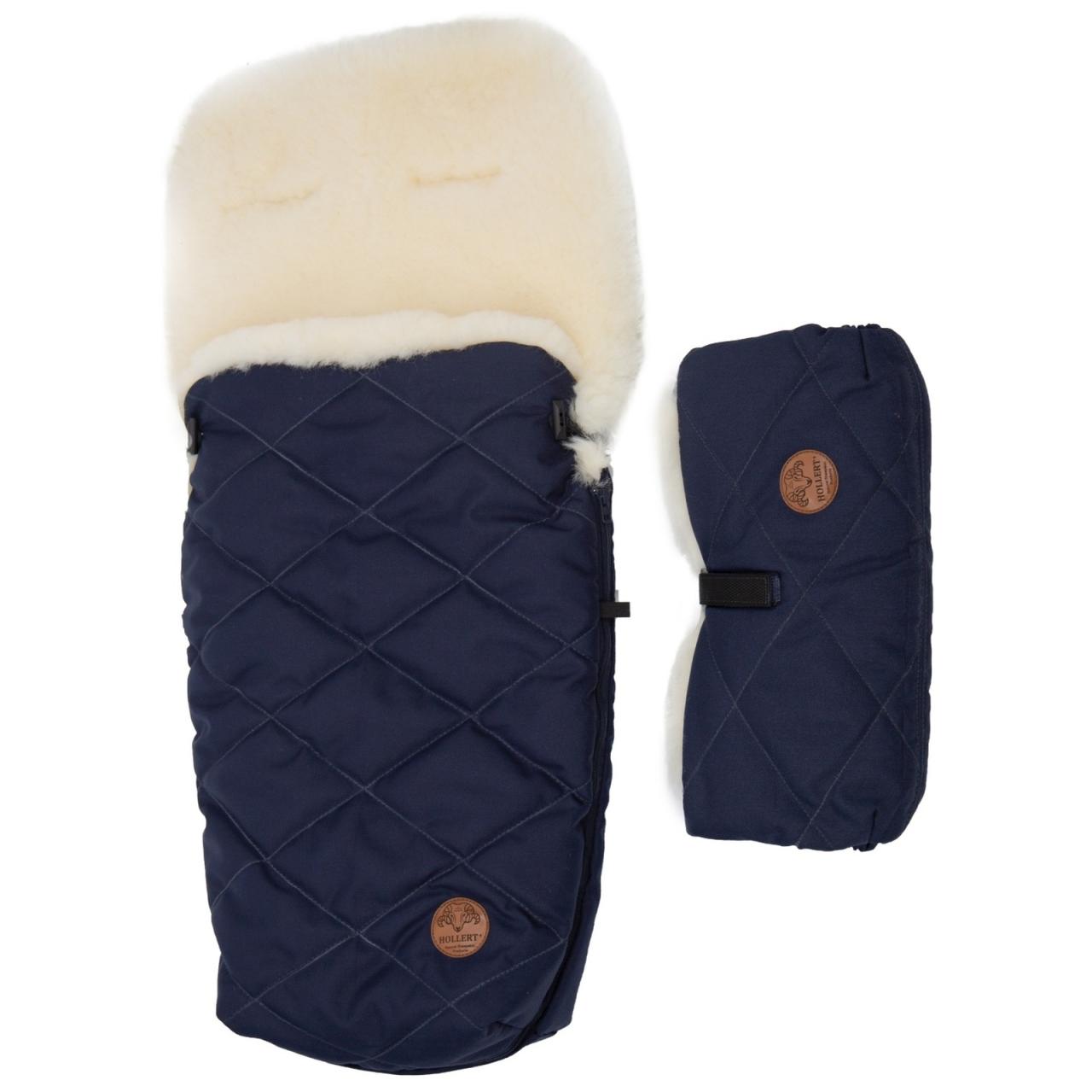 Kinderwagen Fußsack & Handwärmer Set aus Merino Lammfell Blau von Hollert