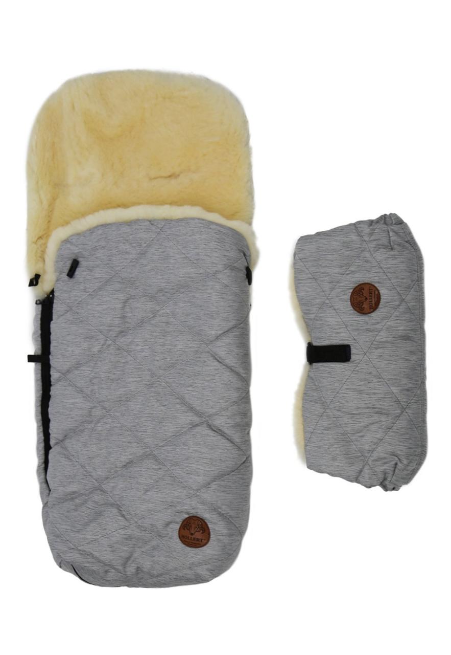 Kinderwagen Fußsack & Handwärmer Set aus Merino Lammfell Grau von Hollert