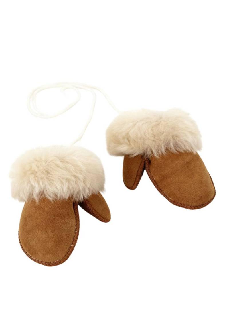 Merino Lammfell Kinder Fäustlinge mit Daumen –Cognac/Weiß (1-3 Jahre) von Hollert