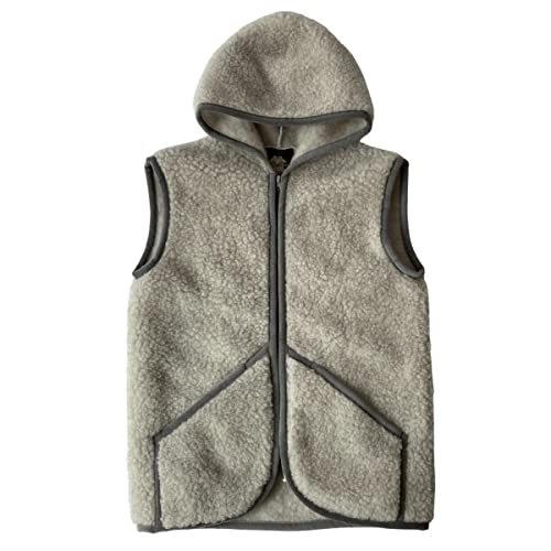 Unisex Wollweste Tafara aus Merinowolle kuschelig & weich mit Reißverschluss und Kapuze Größe M, Farbe Hellgrau von Hollert