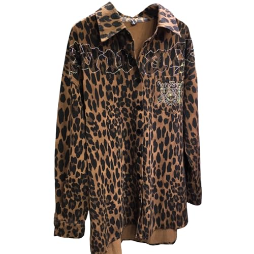 Hollir Tiger Plus Größe Button Down Hemden Damen Langarm Leopard Print mit Strass Bluse Oversized Lässig von Hollir Tiger