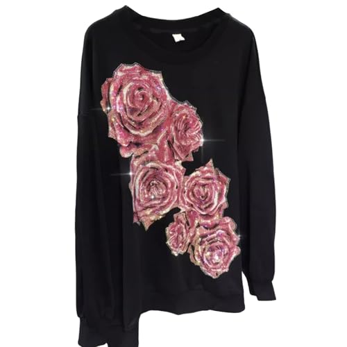 Hollir Tiger Übergroße Sweatshirt für Frauen Rundhalsausschnitt Rose Strass Grafik Langarm Top Herbst Trendy von Hollir Tiger
