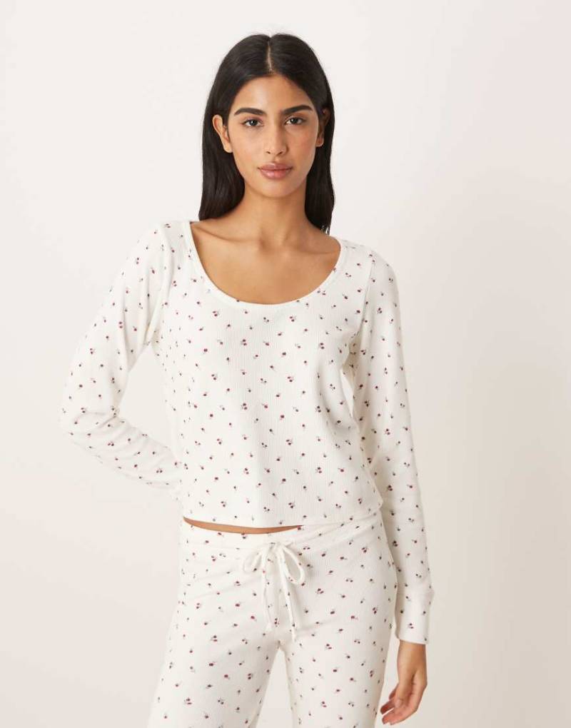 Gilly Hicks - Langärmliges Cropped-Oberteil in Weiß mit Spitzenborte, Waffelstruktur und Blumenmuster, Kombiteil von Hollister