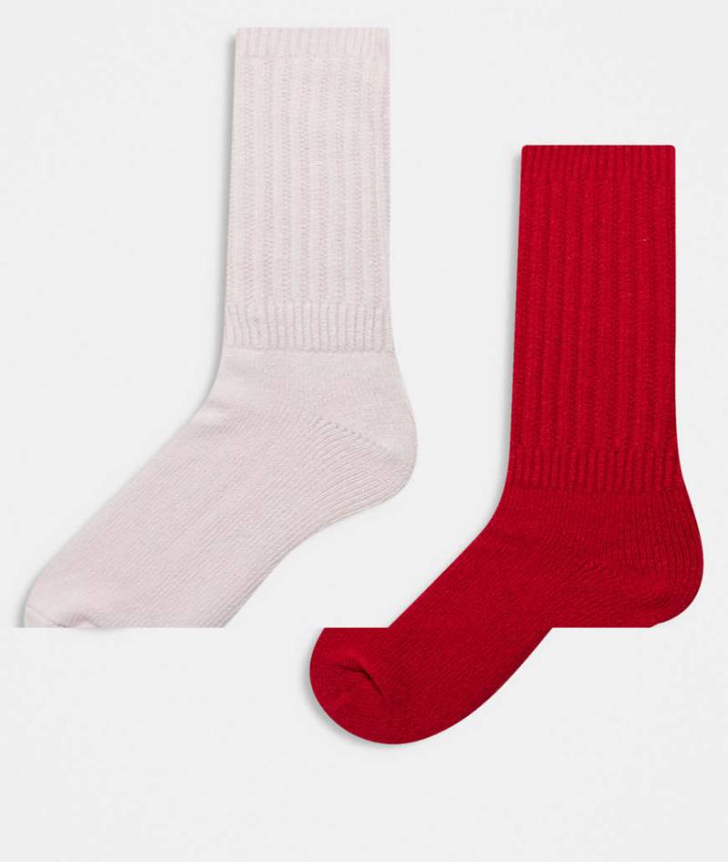 Hollister - 2er-Pack lange, kuschelige Socken in Rot und Beige-Bunt von Hollister