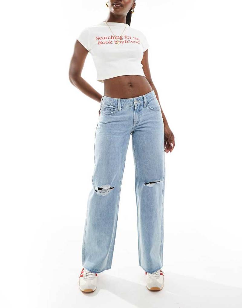 Hollister - Baggy-Jeans in Bleich-Waschung mit niedrigem Bund und unversäubertem Saum-Blau von Hollister