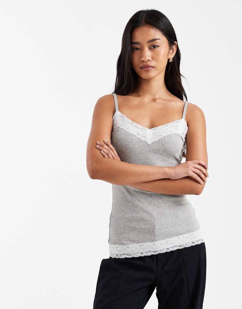 Hollister - Camisole-Oberteil in Grau mit Spitzenborte von Hollister