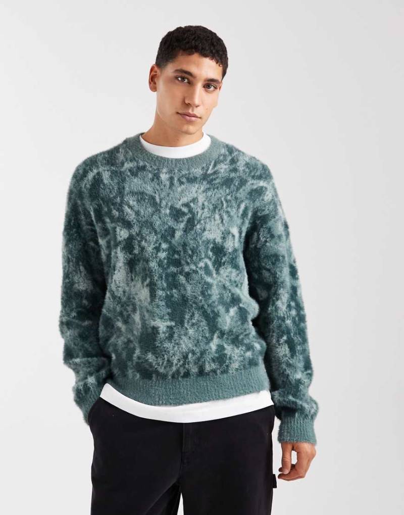 Hollister - Flauschiger, kastiger Pullover in Grün mit Spritzermuster von Hollister