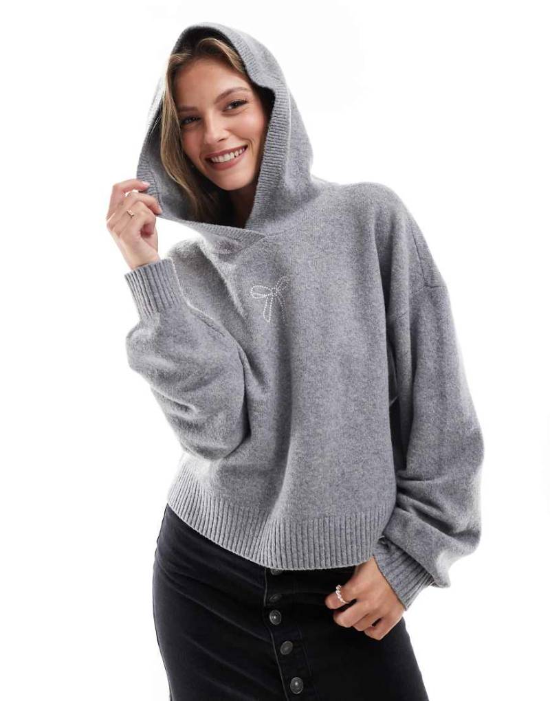 Hollister - Gestrickter Kapuzenpullover in Grau mit Schleifenmotiv von Hollister