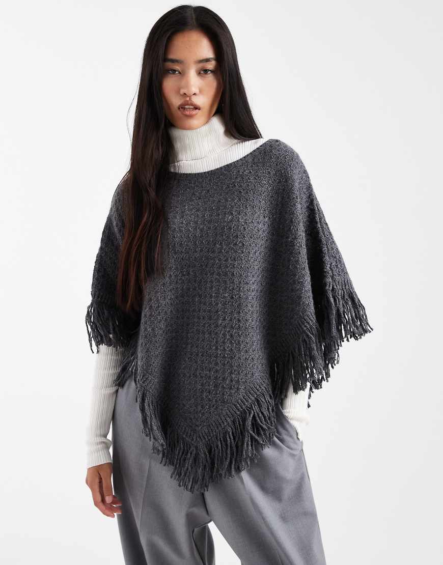 Hollister - Gestrickter Poncho in Dunkelgrau mit Fransen-Detail von Hollister