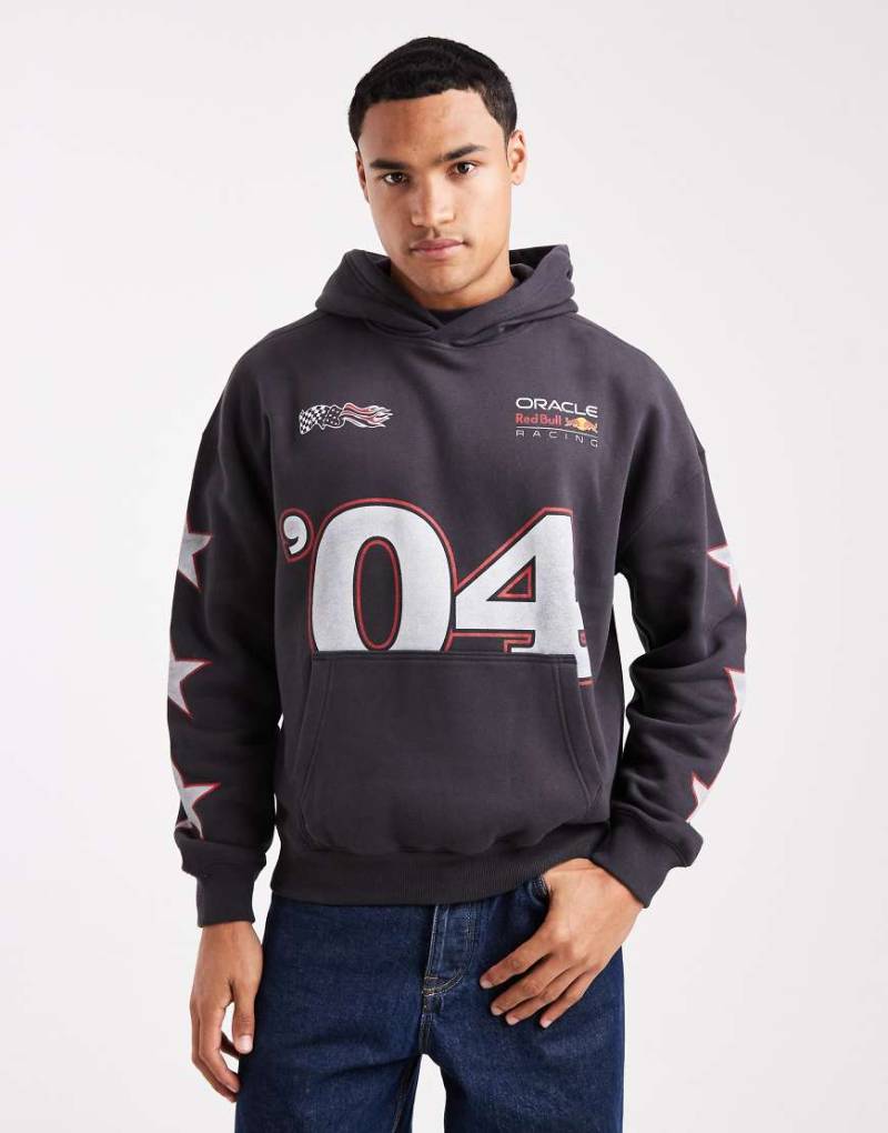 Hollister - Kastiger Kapuzenpullover in Schwarz mit Formel 1-Grafik am Rücken von Hollister