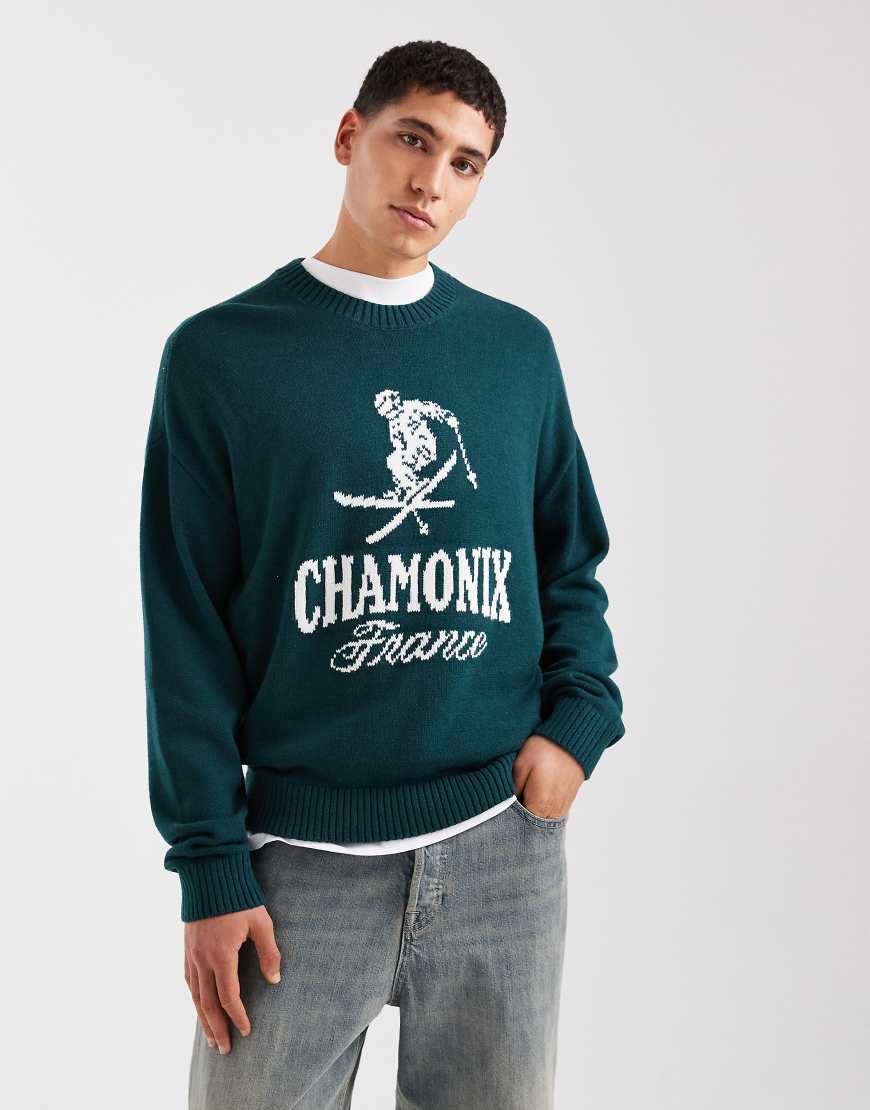 Hollister - Kastiger Pullover in Grün mit offenem Saum und Motiv von Hollister