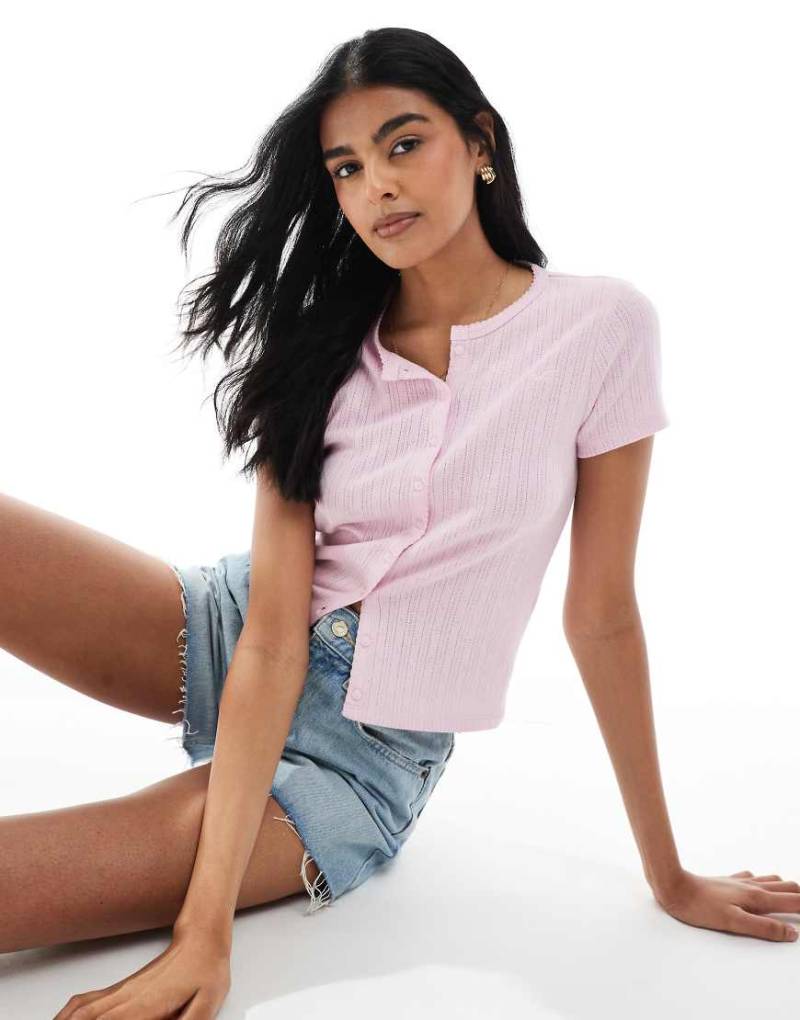 Hollister - Kurzärmlige Pointelle-Strickjacke in Staubrosa von Hollister