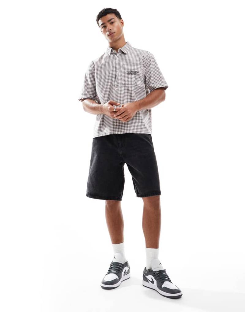 Hollister - Kurzärmliges Hemd in Grau kariert mit Stickerei-Blau von Hollister