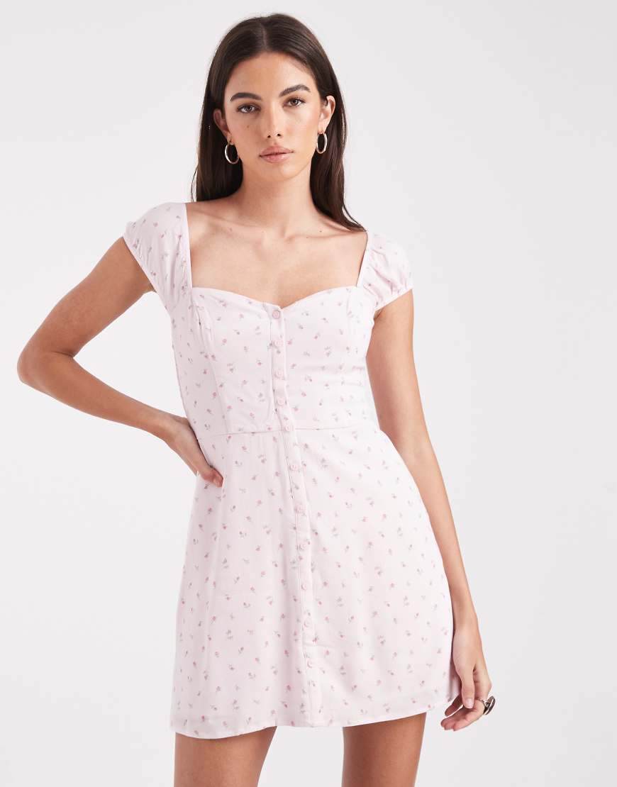 Hollister - Kurzärmliges Minikleid mit rosa Blumenmuster und Knopfleiste von Hollister