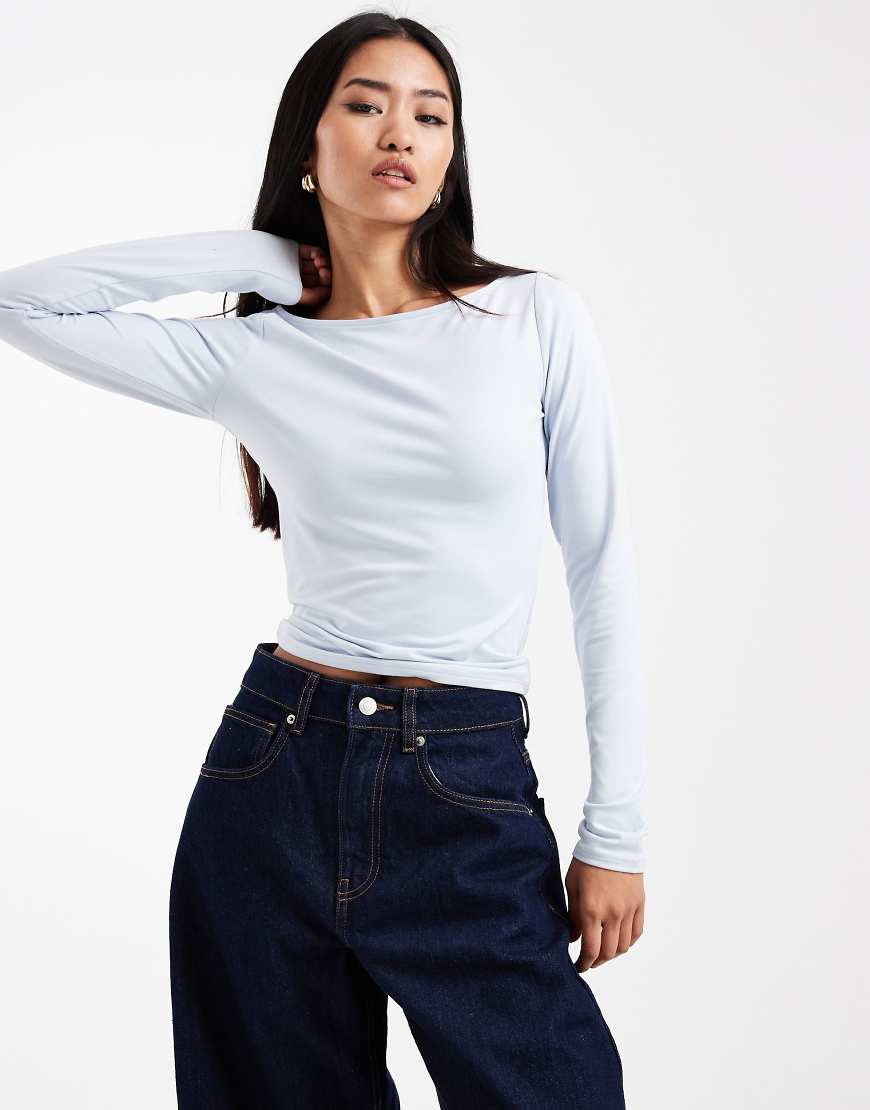 Hollister - Langärmliges, nahtloses Oberteil in Blau mit U-Boot-Ausschnitt von Hollister