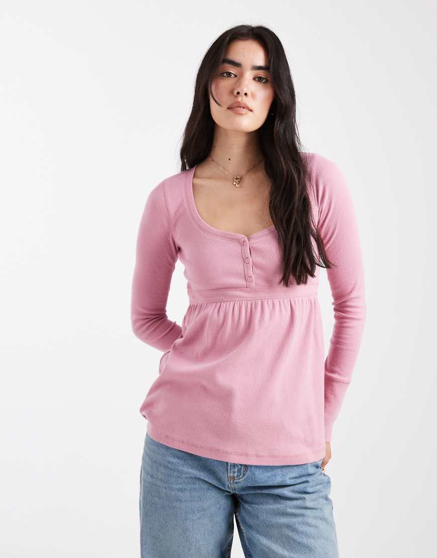 Hollister - Langärmliges Babydoll-Oberteil in Rosa mit Bindebändern hinten von Hollister