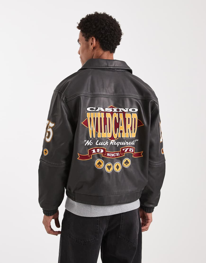 Hollister - Mittelschwere Lederjacke in Schwarz mit Grafik von Hollister