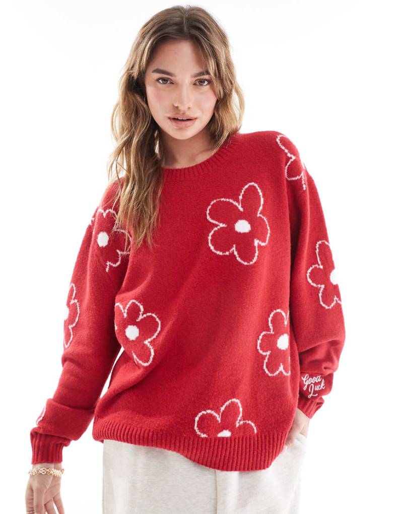 Hollister - Oversize-Strickpullover in Rot-Bunt mit Blumenmuster von Hollister