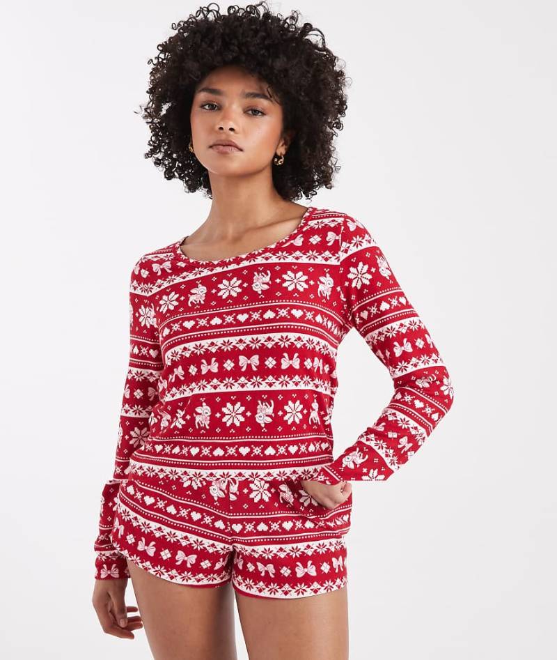 Hollister - Pyjama-Set in Rot mit Norwegermuster, bestehend aus langärmligem Oberteil und Shorts von Hollister