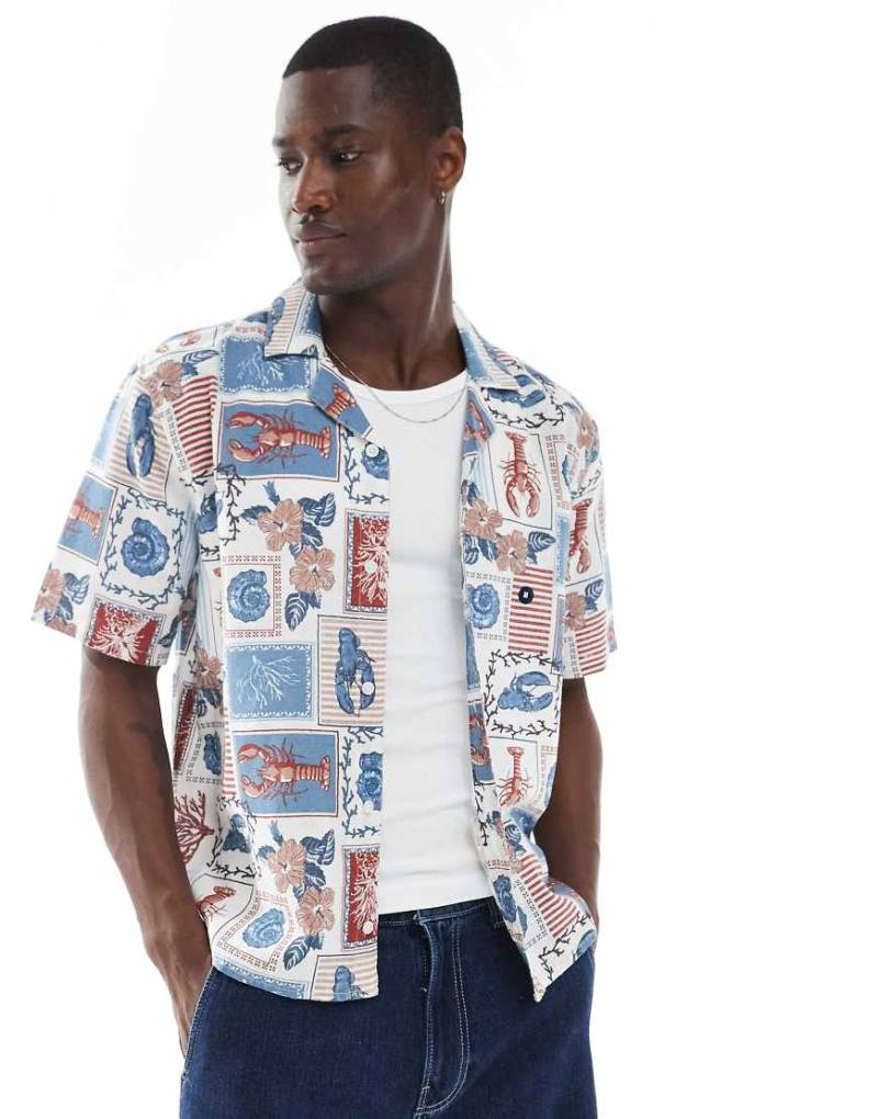 Hollister - Strukturiertes, kurzärmliges Hemd mit bunter Hummer-Collage-Rot von Hollister