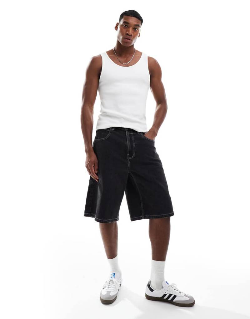 Hollister - Superweite Jeansshorts in dunkler Waschung mit Stickerei-Blau von Hollister