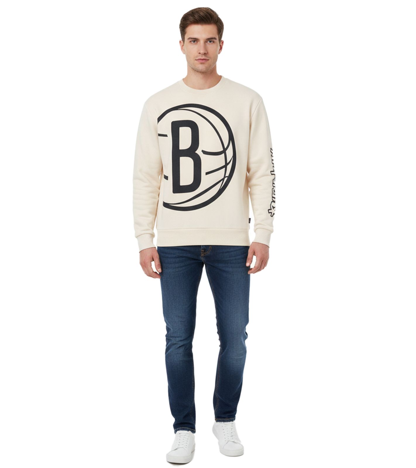 Hollister X NBA Brooklyn Nets Herren Sweatshirt Baumwoll-Sweater mit Brooklyn Nets Logo Langarm-Shirt 322-224-0042-178 Beige von Hollister