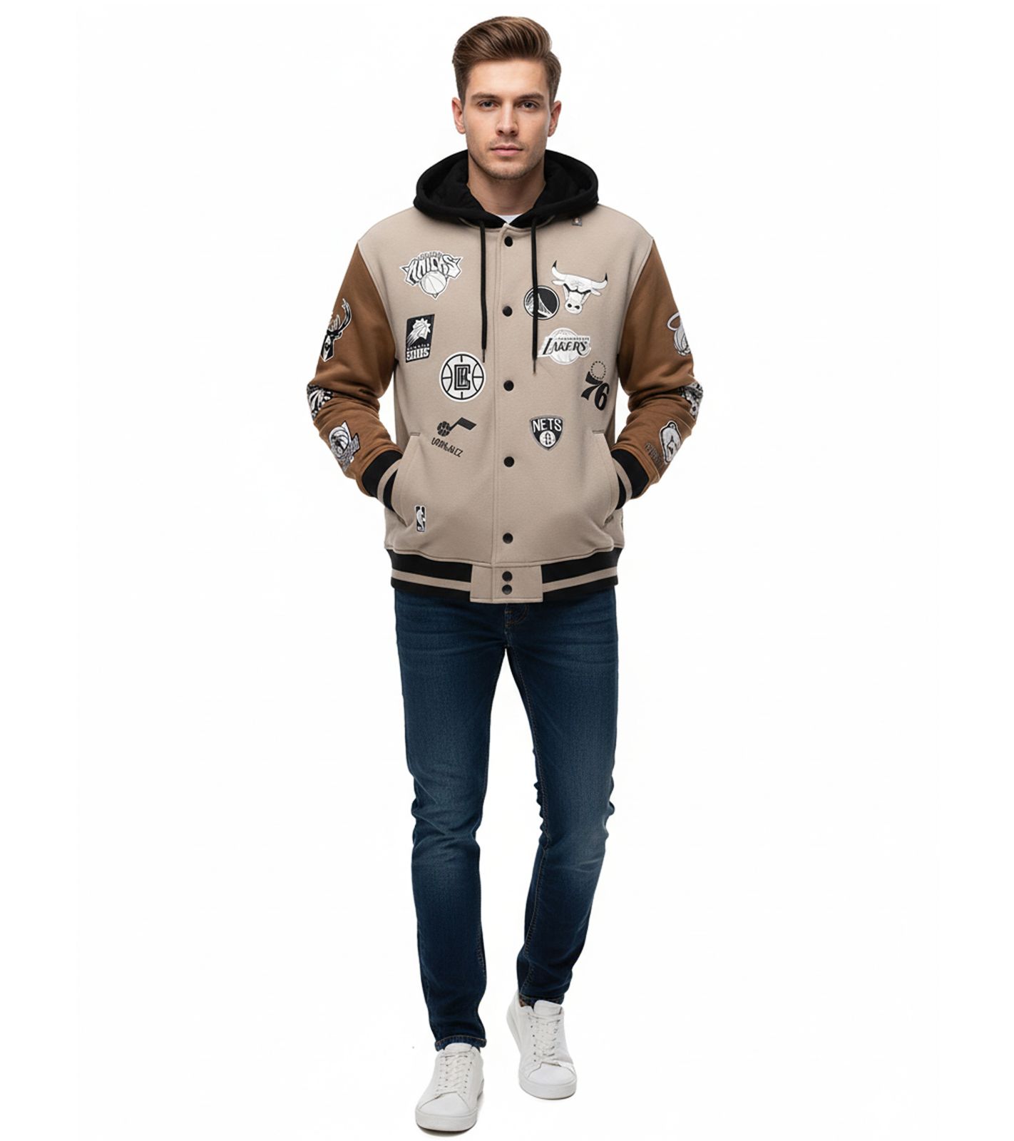 Hollister X NBA Herren College-Jacke mit NBA Team-Logos Übergangs-Jacke Herbst-Jacke 322-222-0804-405 Beige von Hollister