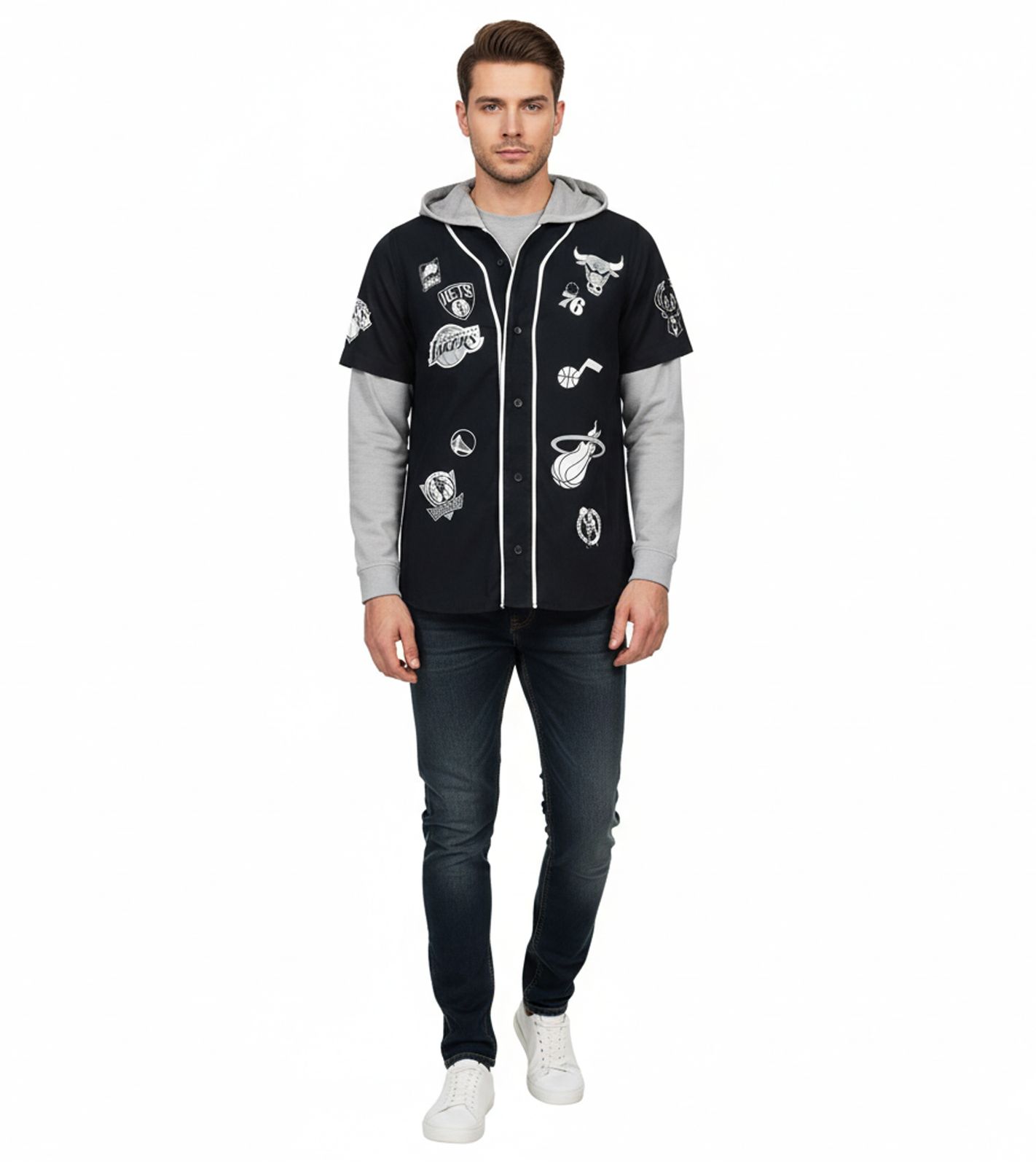 Hollister X NBA Herren Hoodie-Jacke mit Team-Logos Baumwoll-Jacke im Layer-Look 325-259-2631-900 Schwarz/Grau von Hollister