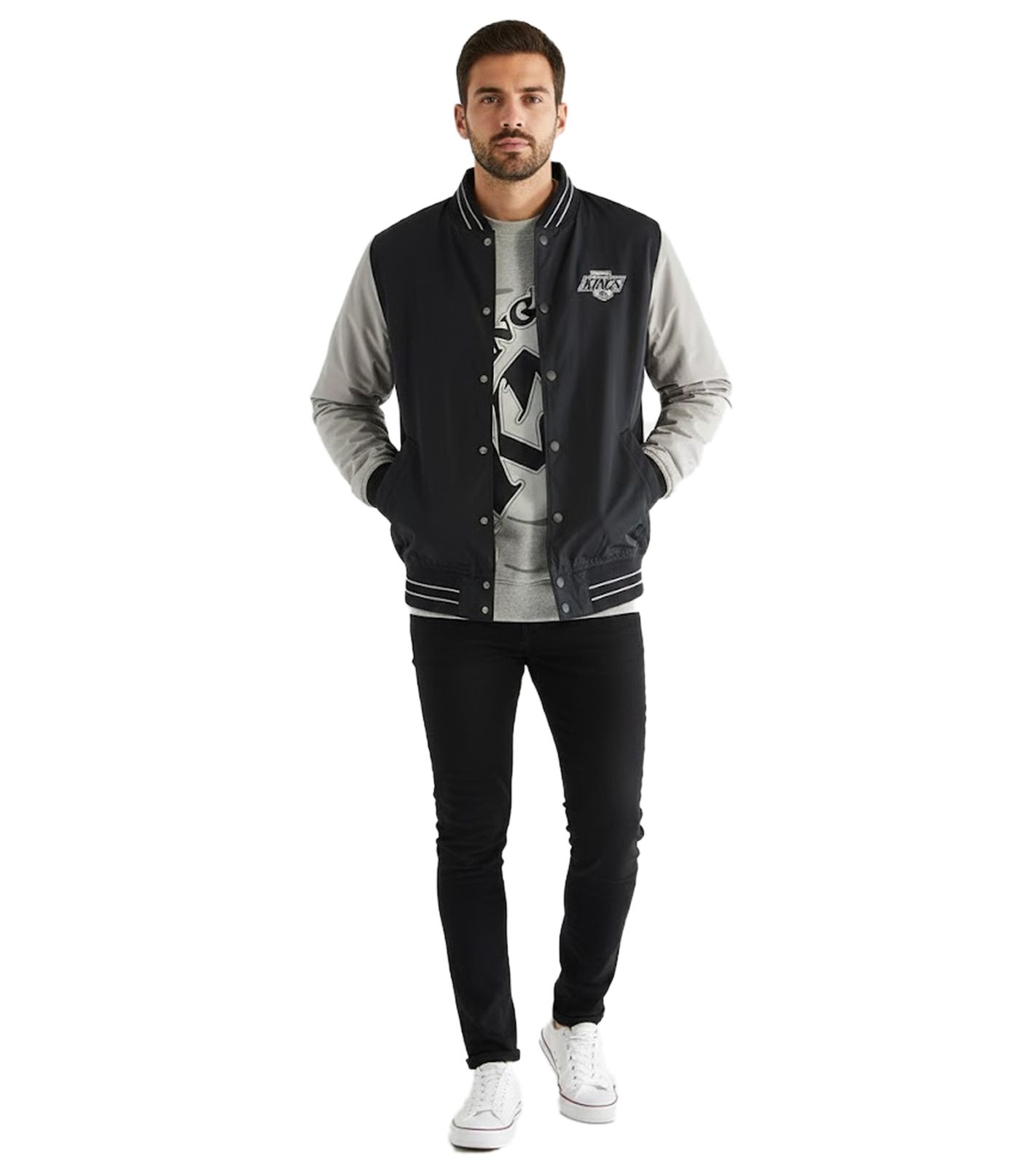 Hollister X NHL Los Angeles Kings Herren College-Jacke mit Logo-Stickerei Bomber-Jacke Herbst-Jacke 332-320-0024-910 Schwarz/Grau von Hollister