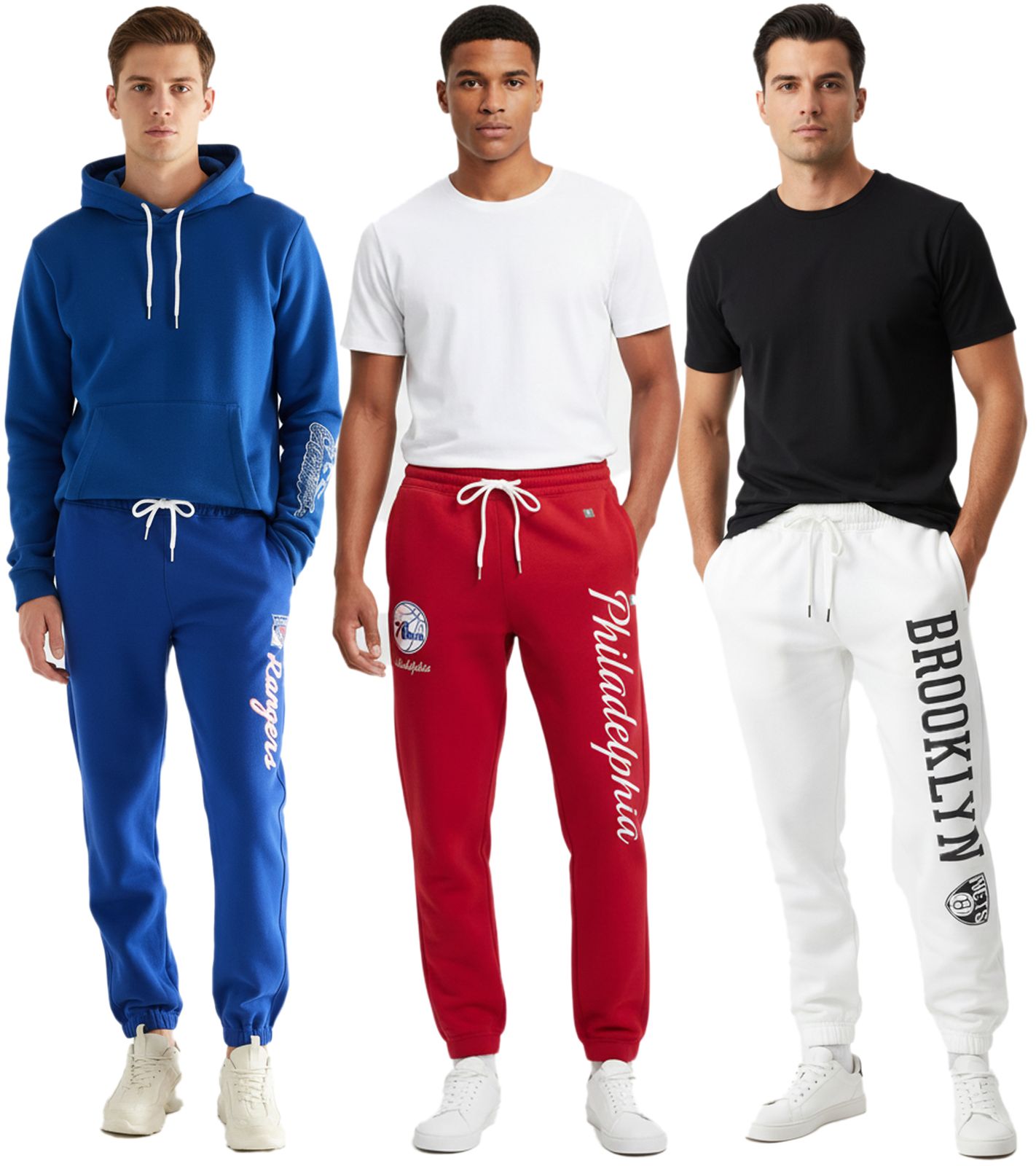Hollister X NHL oder NBA Herren Jogginghose mit Rangers-Schriftzug Baumwoll-Hose 334-345 verschiedene Modelle New York Rangers (Blau), Philadelphia 76ers (Rot) oder Brooklyn Nets (Weiß) von Hollister