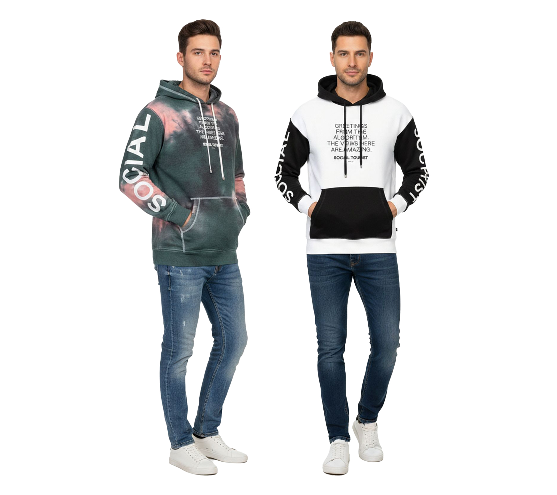 Hollister X Social Tourist Herren Hoodie mit Kapuze Baumwoll-Pullover Oversized 365-352-000 in Weiß/Schwarz oder im Batik-Look Grün/Rosa von Hollister