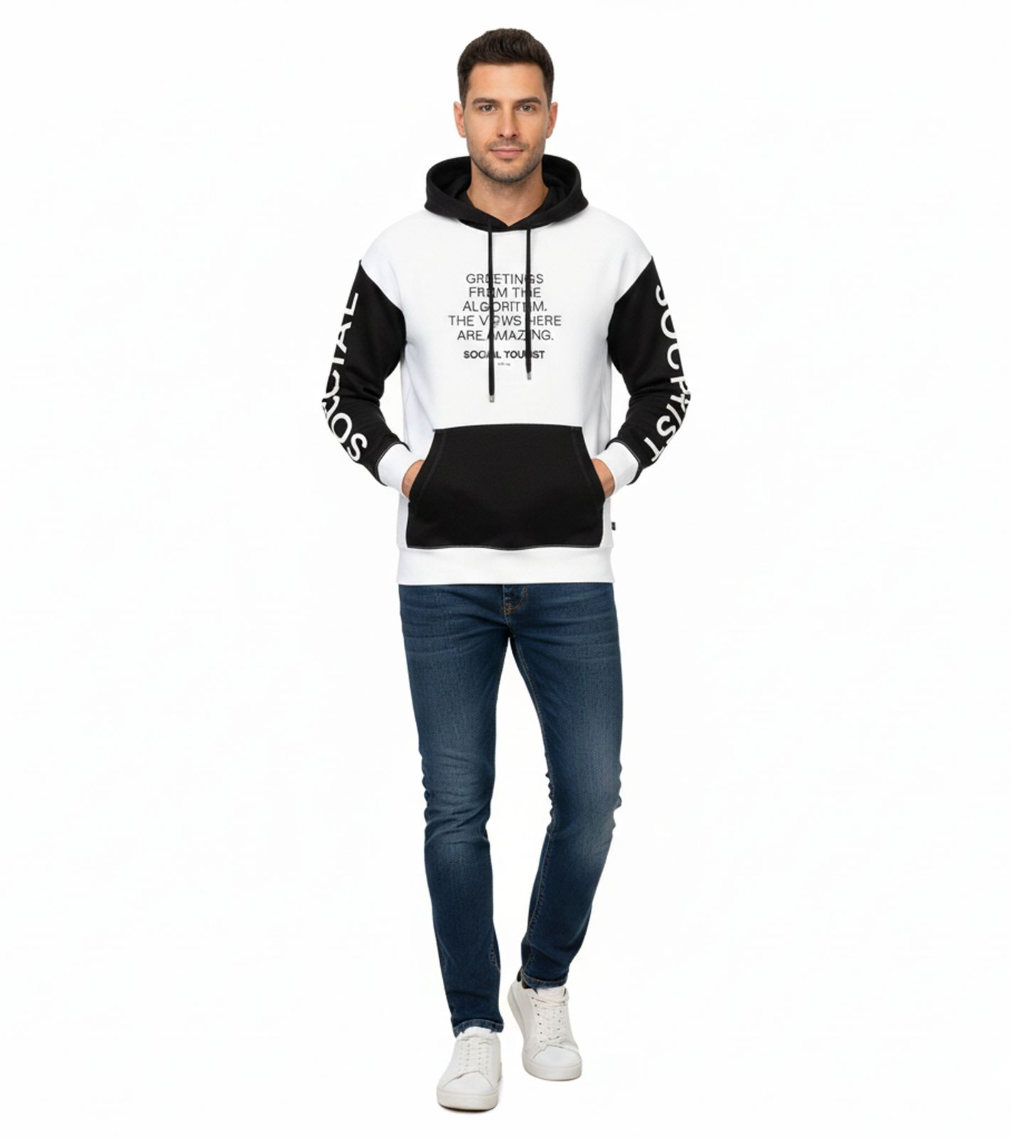 Hollister X Social Tourist Herren Hoodie mit Kapuze Baumwoll-Pullover Oversized 365-352-0001-101 Weiß/Schwarz von Hollister