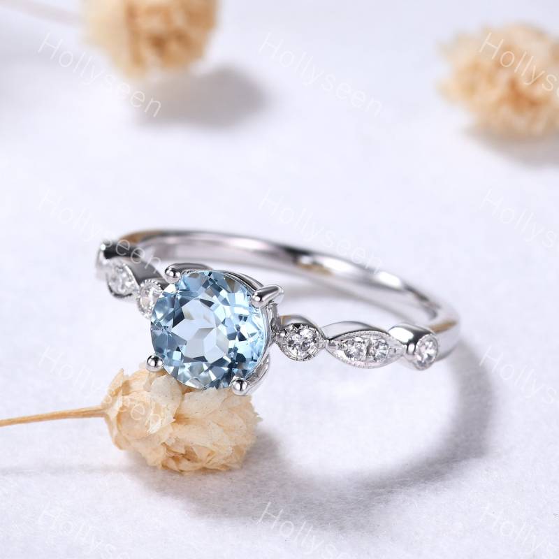 1Ct Rundschliff Aquamarin Verlobungsring 14K Weißgold Solitär Blauer Diamant Ring März Geburtsstein Versprechen Geschenk Für Frauen von Hollyseen