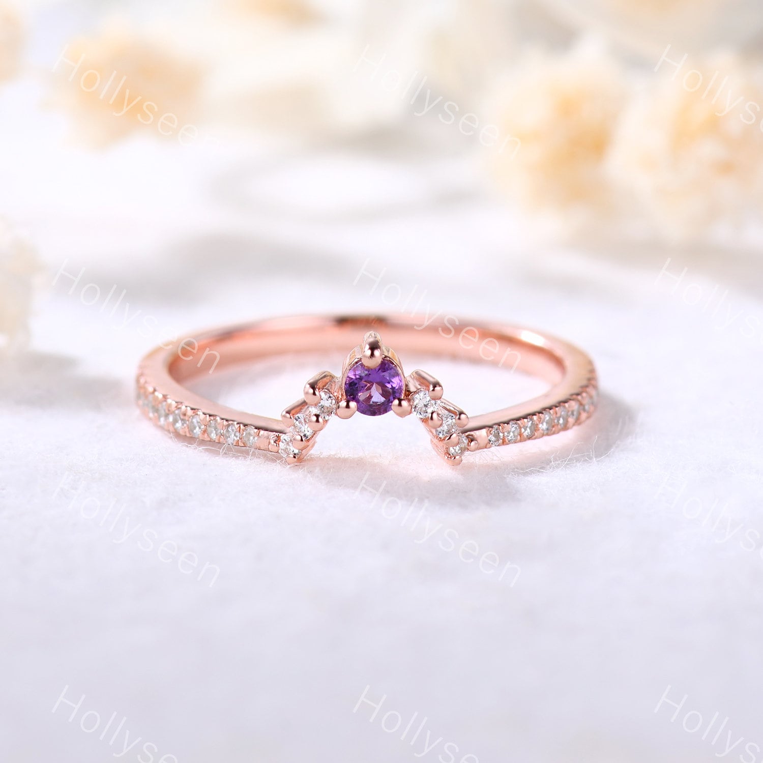 Amethyst Cz Diamant Ehering Silber Rose Gold Vintage Kurve Verlobungsring Stapelbar Passendes Band Frauen Braut Versprechen Jahrestag von Hollyseen