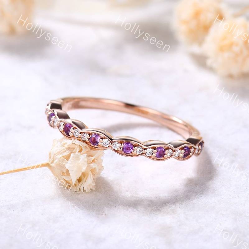 Amethyst Ehering Moissanit Roségold Eternity Ring Zierliche Eheringe Wikingerring Marquise Für Frauen von Hollyseen