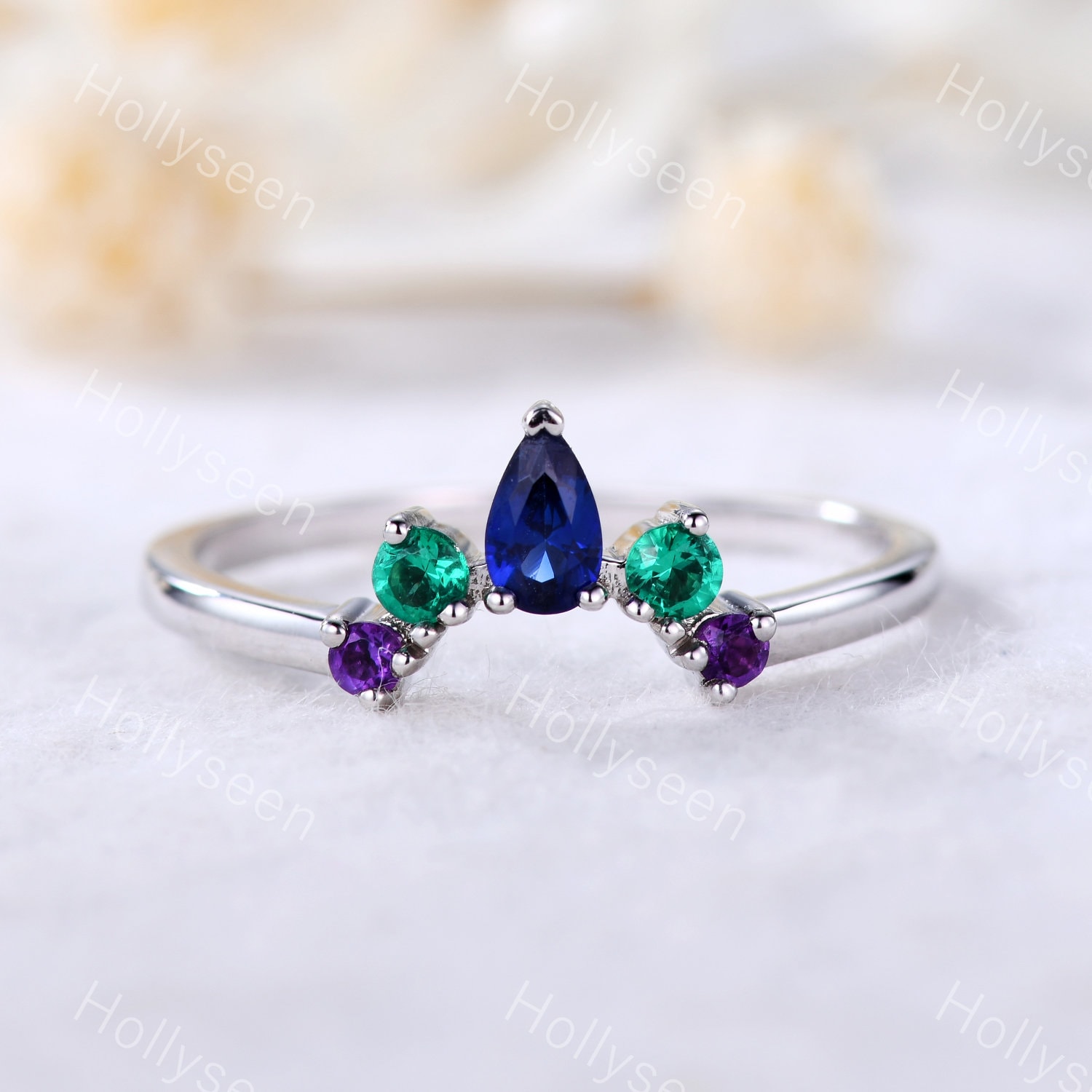 Amethyst Smaragd Saphir Ehering Silber 14K Weißgold U Form Stapelring Frauen Geburtsstein Verlobungsring Brautring von Hollyseen