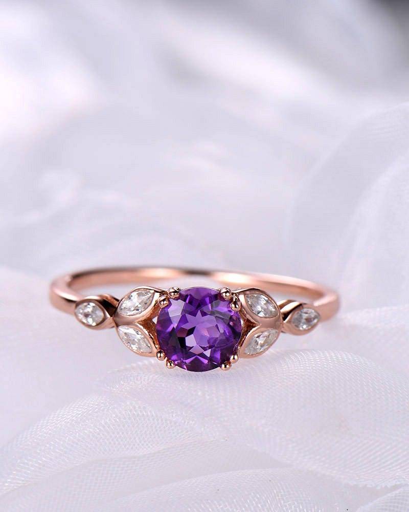 Amethyst Verlobungsring Sterling Silber 14K Rose Gold Marquise Blatt Cz Diamant Art Deco Ehering Vintage Braut Set Frauen Jahrestag von Hollyseen